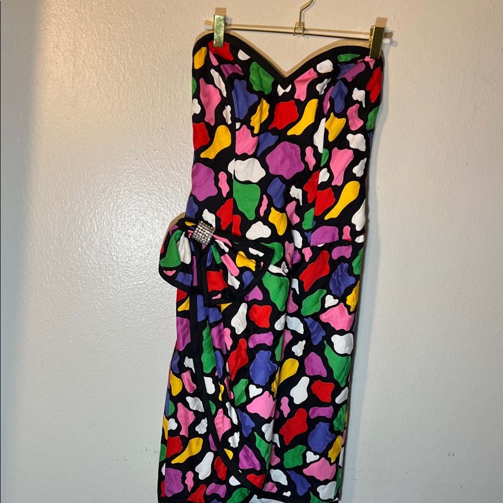 Lillie Rubin Colorful Mosaic Sweetheart Strapless Bow Dress XS 4 Epic Vintage 80 - Picture 10 of 10